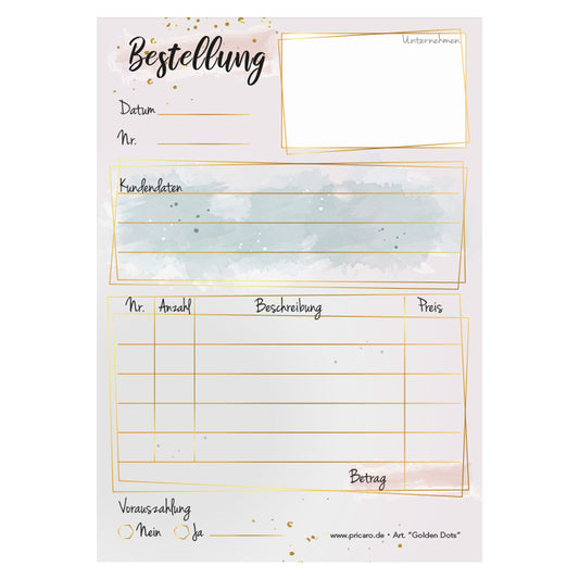 Bestellannahmeblock golden dots, a6, rosa optik mit goldenen punkten, modernes design, platz für wichtige bestellinformationen wie kundendaten, artikeldaten, preis, uvm., frontansicht