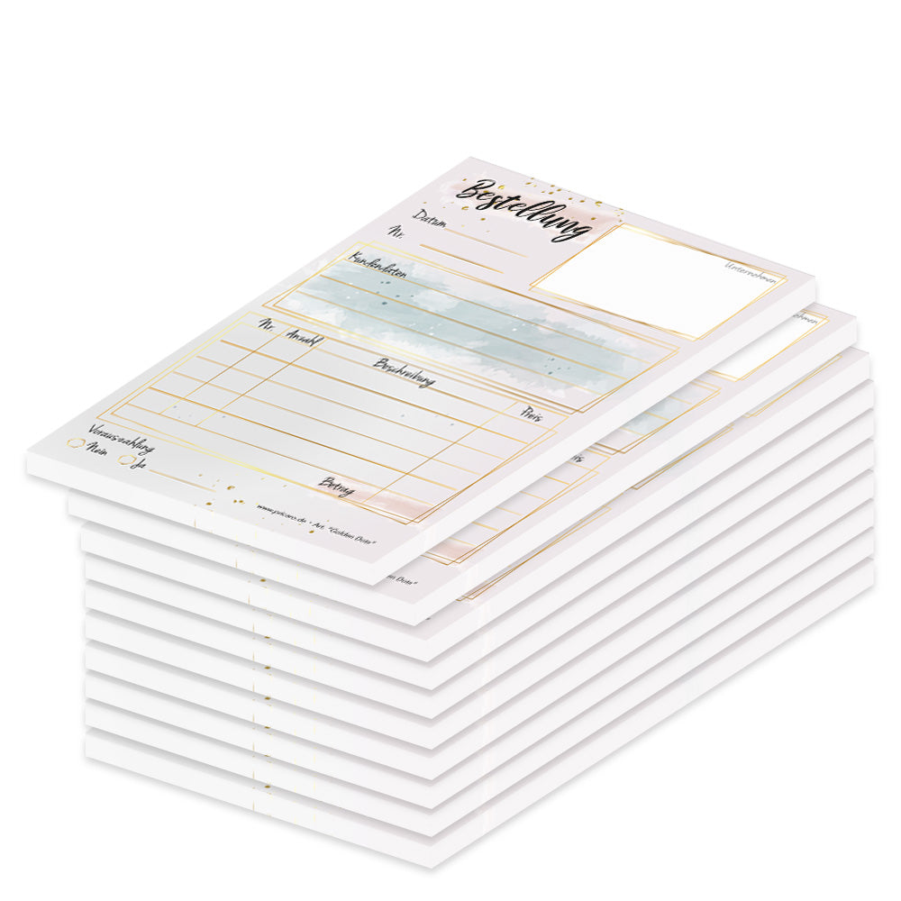 Bestellannahmeblock golden dots, a6, rosa optik mit goldenen punkten, modernes design, platz für wichtige bestellinformationen wie kundendaten, artikeldaten, preis, uvm., 10er set