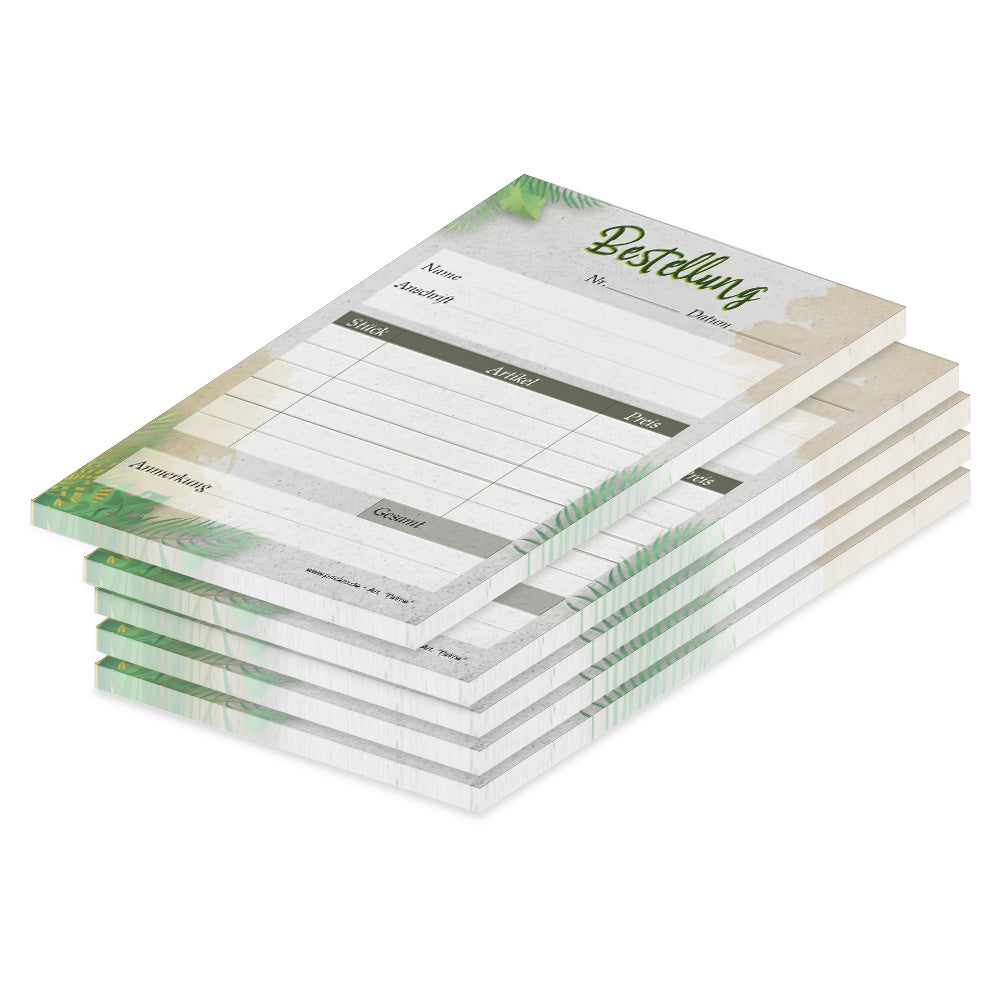 bestellannahmeblock palme, a6, grün-graue optik mit palmblätter motiven, platz für wichtige bestellinformationen wie z.b. kundendaten, artikeldaten wie menge, preis uvm., 5er set