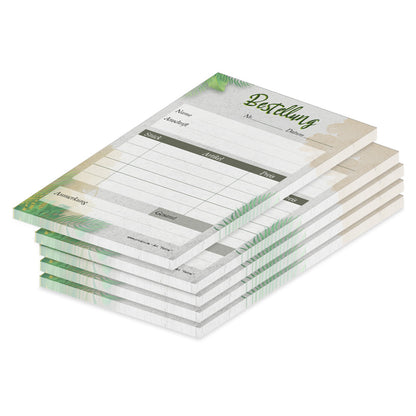 bestellannahmeblock palme, a6, grün-graue optik mit palmblätter motiven, platz für wichtige bestellinformationen wie z.b. kundendaten, artikeldaten wie menge, preis uvm., 5er set