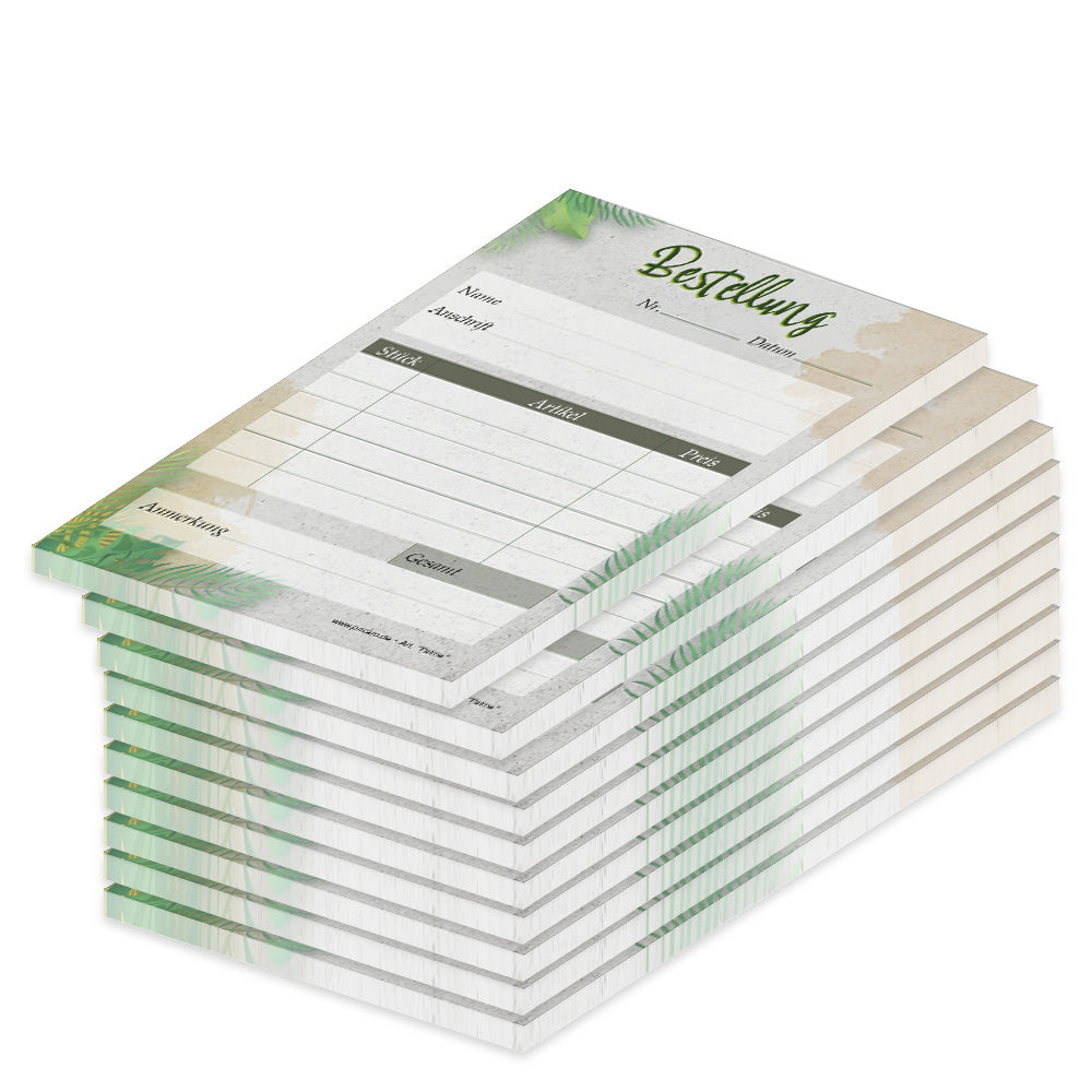 bestellannahmeblock palme, a6, grün-graue optik mit palmblätter motiven, platz für wichtige bestellinformationen wie z.b. kundendaten, artikeldaten wie menge, preis uvm., 10er set