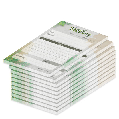 bestellannahmeblock palme, a6, grün-graue optik mit palmblätter motiven, platz für wichtige bestellinformationen wie z.b. kundendaten, artikeldaten wie menge, preis uvm., 10er set