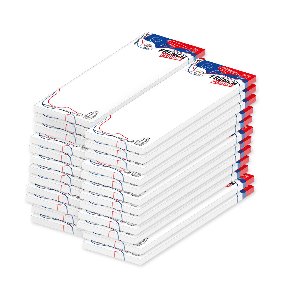 kellnerblock french food, weiß,blau, rote optik mit verschiedenen lebensmittelmotiven und der aufschrift "french cuisine", 24er set