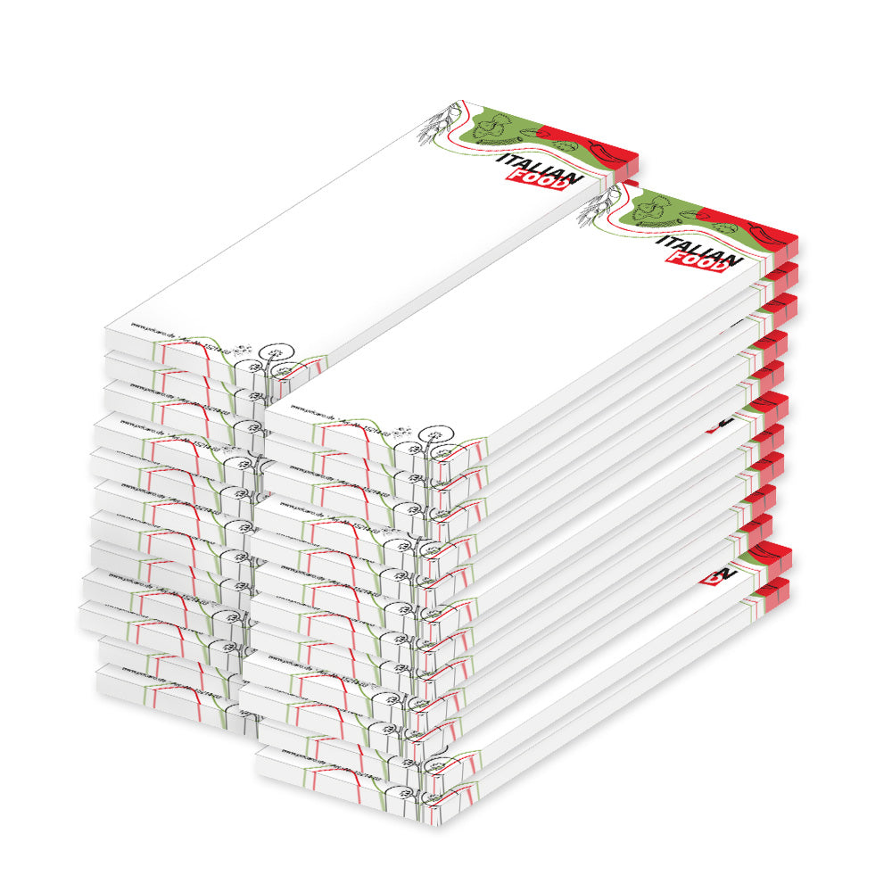 kellnerblock italien food, weiß,grün, rote optik mit verschiedenen lebensmittelmotiven und der aufschrift "italien food", 24er set