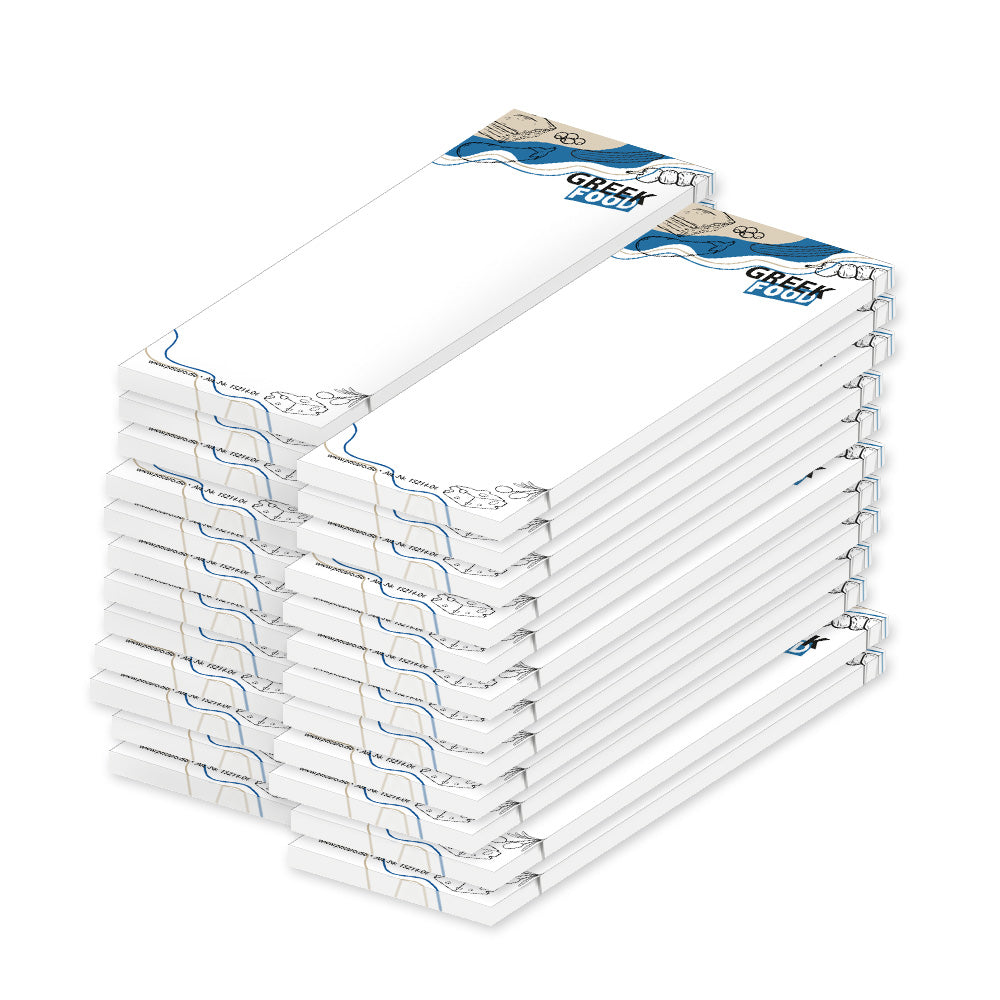 kellnerblock greek food, weiße optik mit verschiedenen motiven und der aufschrift "greek food", 24er set