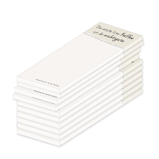 notizblock schmal, spruch 01, beige optik mit spruch "der erste liter kaffee ist der wichtigste", 10er set