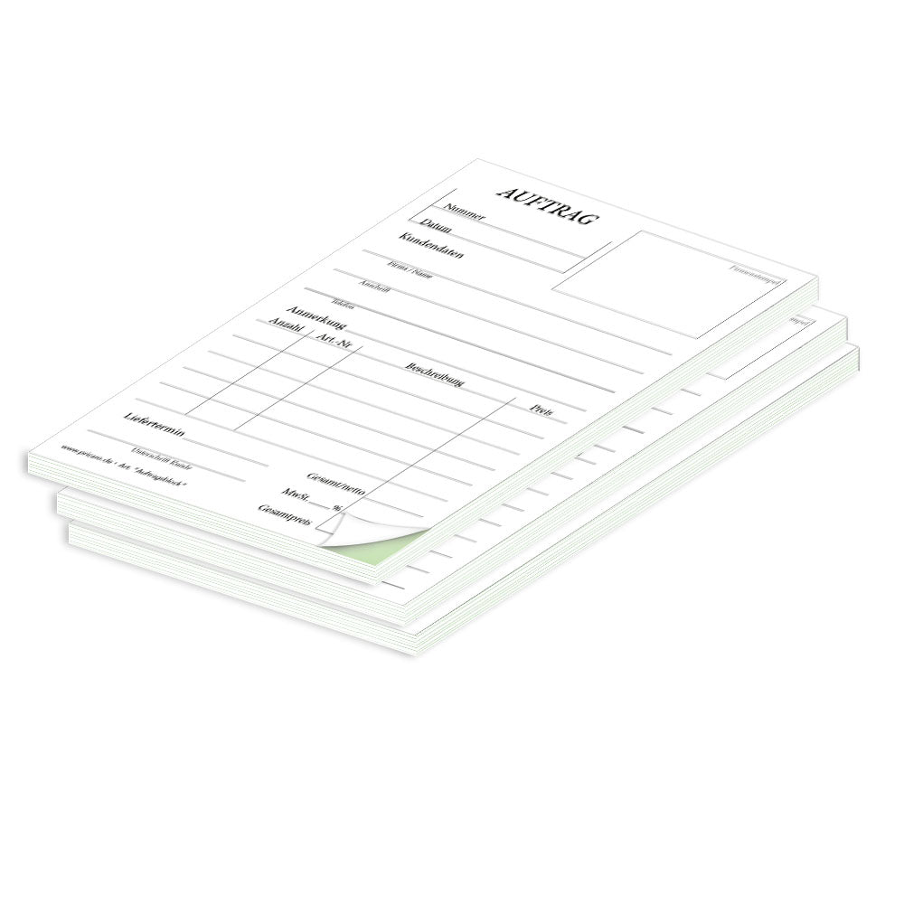 auftragsblock a6, ungelocht, klassische schwarz-weiße optik mit grünem durchschlag, platz für alle wichtigen details (kundendaten, bestelldetails), 3er set