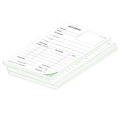 auftragsblock a6, ungelocht, klassische schwarz-weiße optik mit grünem durchschlag, platz für alle wichtigen details (kundendaten, bestelldetails), 3er set