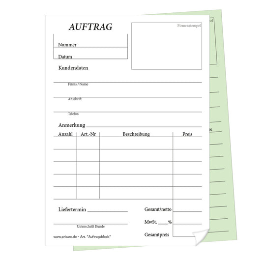 auftragsblock a6, ungelocht, klassische schwarz-weiße optik mit grünem durchschlag, platz für alle wichtigen details (kundendaten, bestelldetails), frontansicht