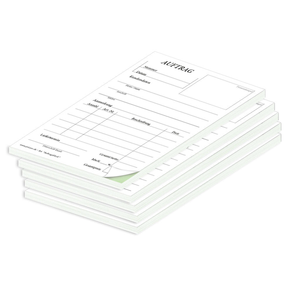 auftragsblock a6, ungelocht, klassische schwarz-weiße optik mit grünem durchschlag, platz für alle wichtigen details (kundendaten, bestelldetails), 5er set