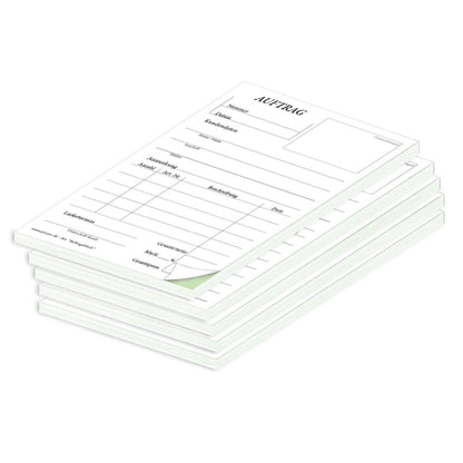 auftragsblock a6, ungelocht, klassische schwarz-weiße optik mit grünem durchschlag, platz für alle wichtigen details (kundendaten, bestelldetails), 5er set