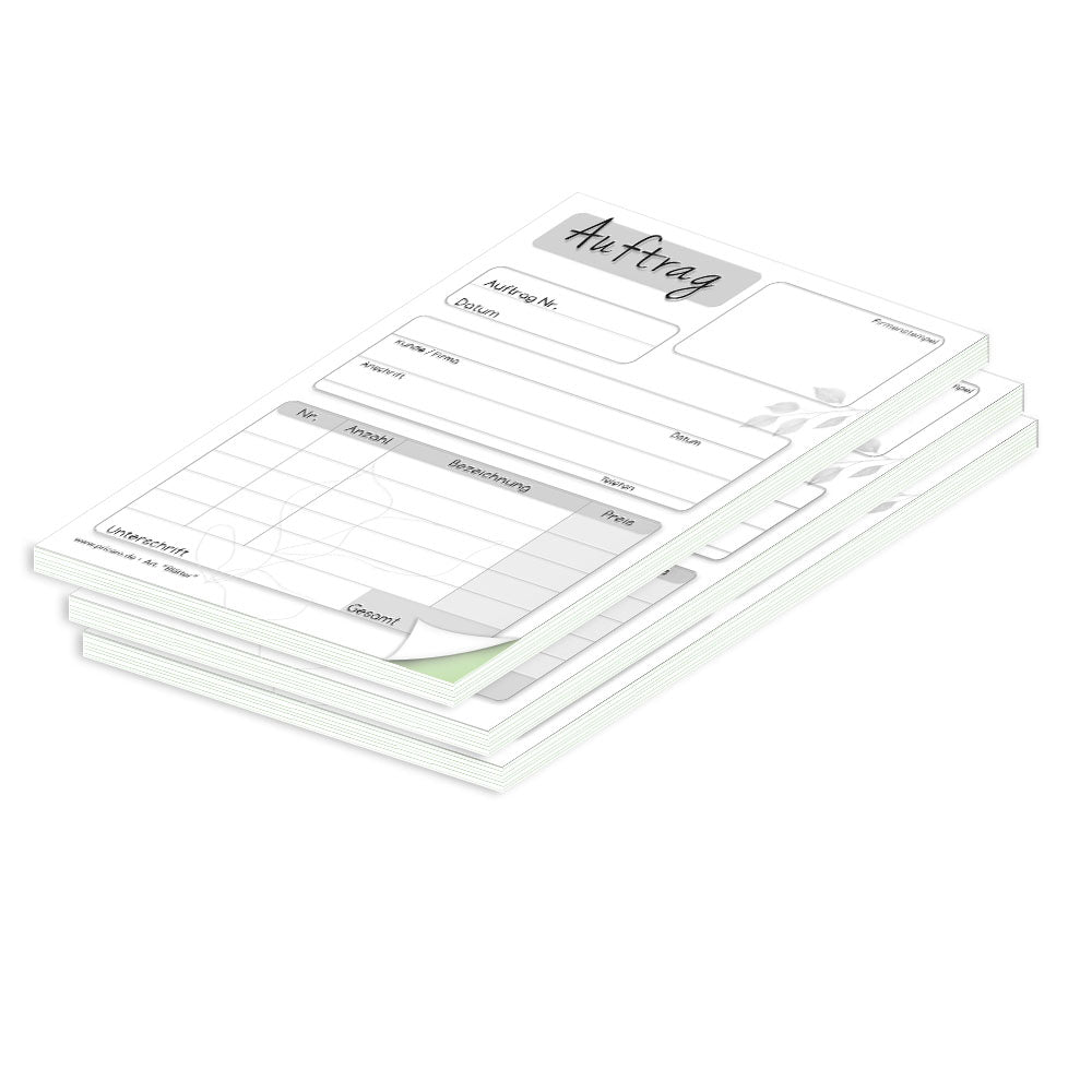 auftragsblock blätter, a6, ungelocht schwarz-weiße optik mit grünem durchschlag,  blätteroptik, platz für alle wichtigen details (kundendaten, bestelldetails), 3er set