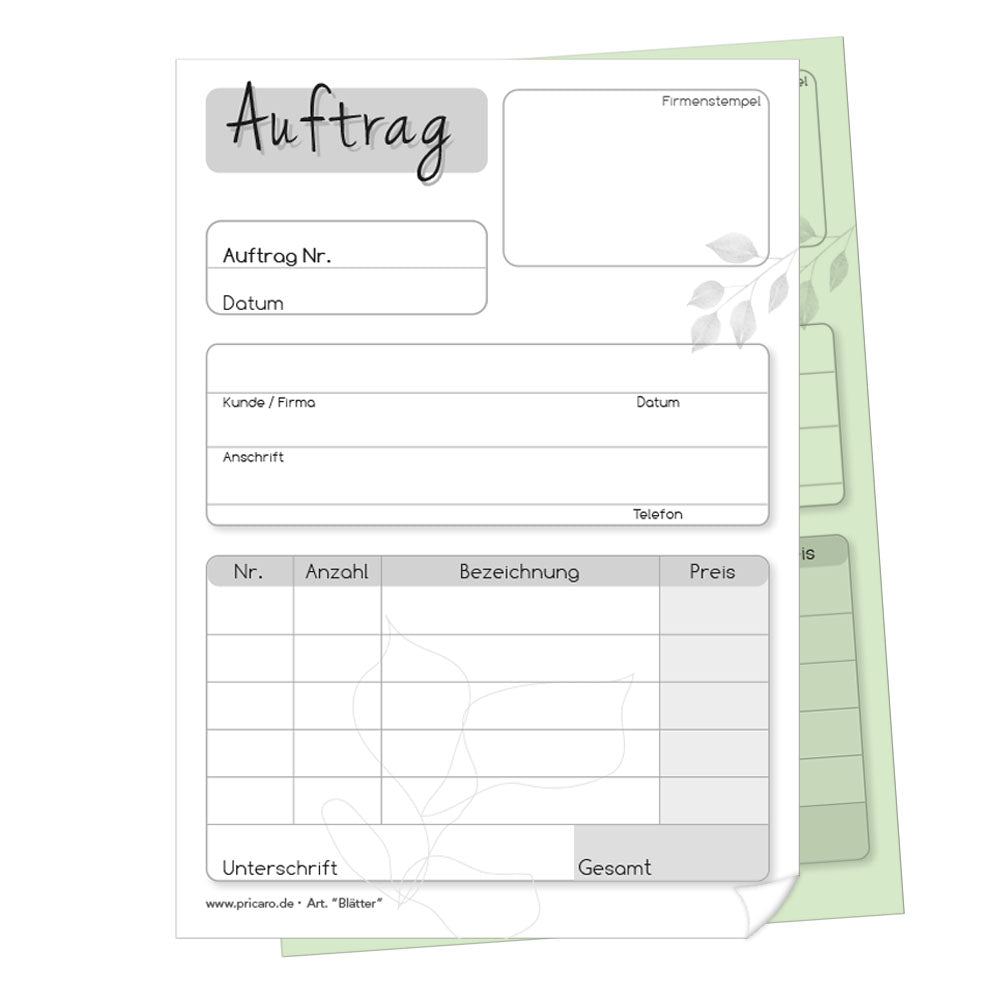 auftragsblock blätter, a6, ungelocht schwarz-weiße optik mit grünem durchschlag,  blätteroptik, platz für alle wichtigen details (kundendaten, bestelldetails), frontansicht