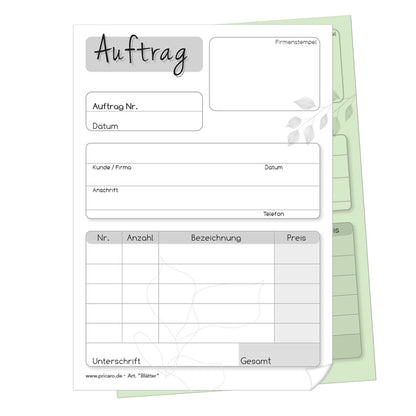 auftragsblock blätter, a6, ungelocht schwarz-weiße optik mit grünem durchschlag,  blätteroptik, platz für alle wichtigen details (kundendaten, bestelldetails), frontansicht