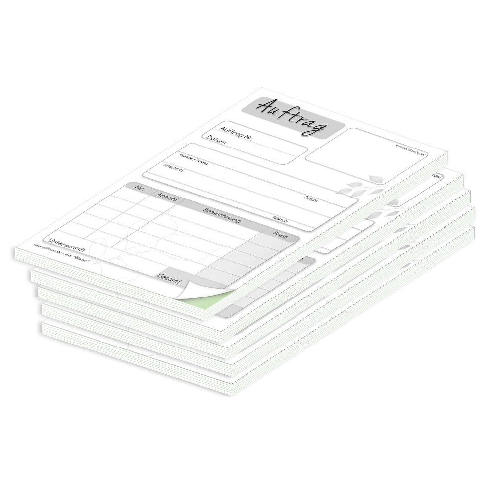 auftragsblock blätter, a6, ungelocht schwarz-weiße optik mit grünem durchschlag,  blätteroptik, platz für alle wichtigen details (kundendaten, bestelldetails), 5er set