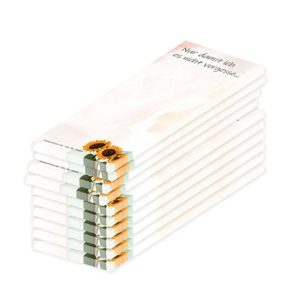 notizblock schmal, beige-rosa optik mit sonnenblumen und dem aufdruck "nur damit ich es nicht vergesse...", 10er set