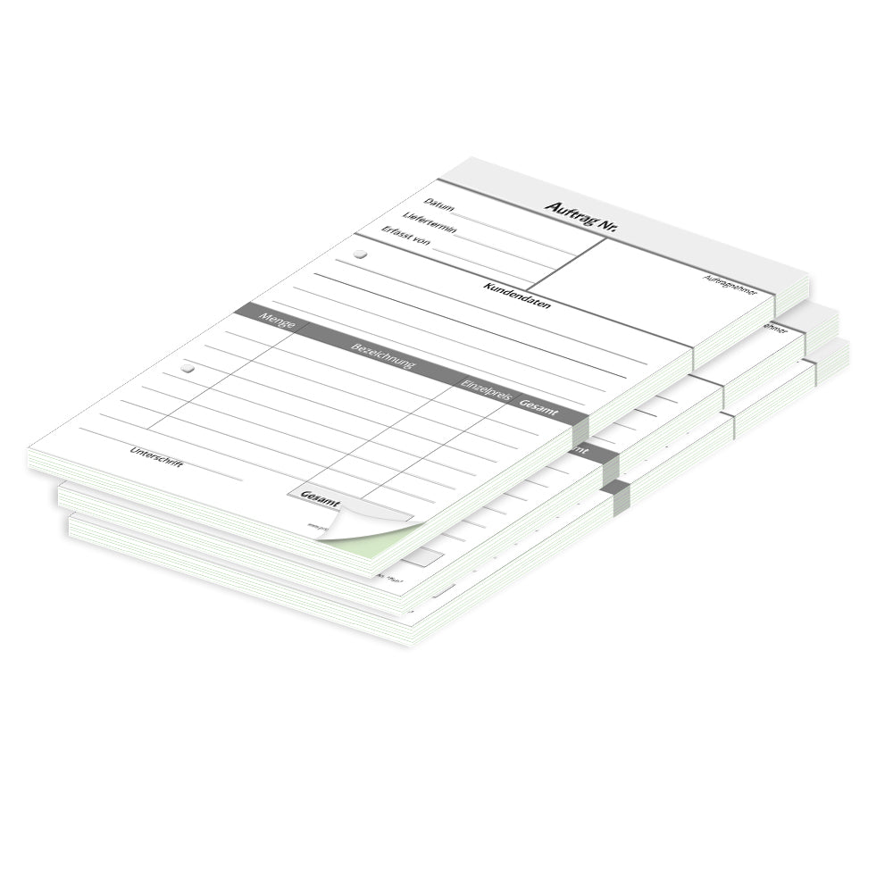 auftragsblock plain, a5, gelocht schwarz-weiße optik mit grünem durchschlag,  klassische optik, platz für alle wichtigen details (kundendaten, bestelldetails), 3er set