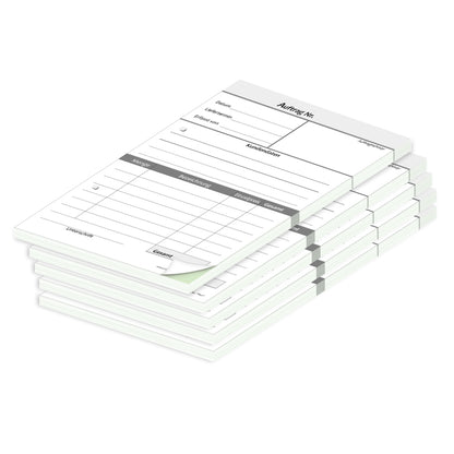 auftragsblock plain, a5, gelocht schwarz-weiße optik mit grünem durchschlag,  klassische optik, platz für alle wichtigen details (kundendaten, bestelldetails), 5er set