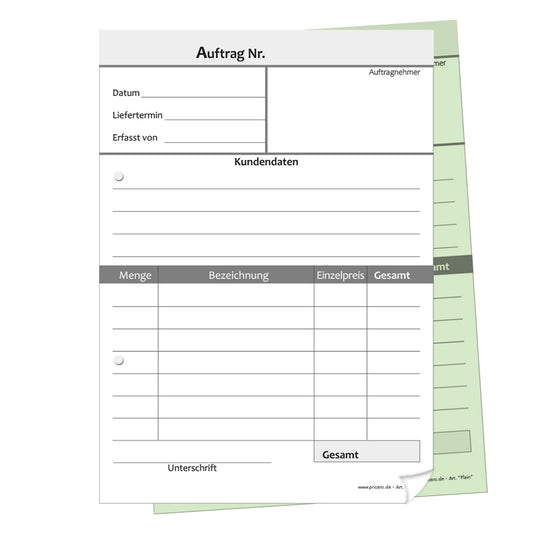 auftragsblock plain, a5, gelocht schwarz-weiße optik mit grünem durchschlag,  klassische optik, platz für alle wichtigen details (kundendaten, bestelldetails), frontansicht