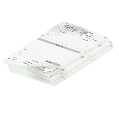 auftragsblock eukalyptus, a5, gelocht schwarz-weiße optik mit grünem durchschlag,  blätteroptik, platz für alle wichtigen details (kundendaten, bestelldetails), 3er set