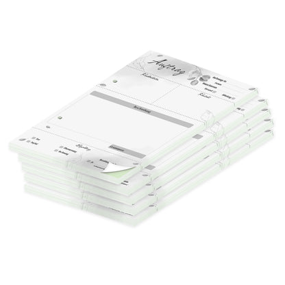 auftragsblock eukalyptus, a5, gelocht schwarz-weiße optik mit grünem durchschlag,  blätteroptik, platz für alle wichtigen details (kundendaten, bestelldetails), 5er set