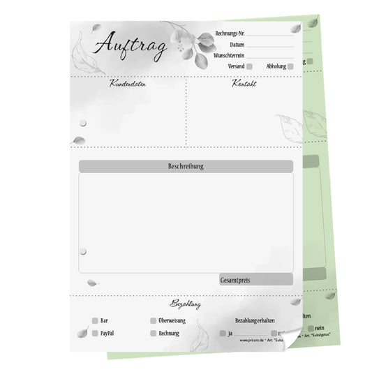 auftragsblock eukalyptus, a5, gelocht schwarz-weiße optik mit grünem durchschlag,  blätteroptik, platz für alle wichtigen details (kundendaten, bestelldetails), frontansicht