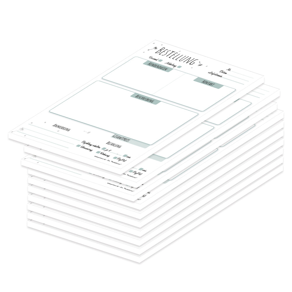 Bestellannahmeblock pusteblume, a5, grün-weiße optik mit kleinen pusteblumen, platz für wichtige bestellinformationen wie kundendaten, artikeldaten, preis, uvm., 10er set