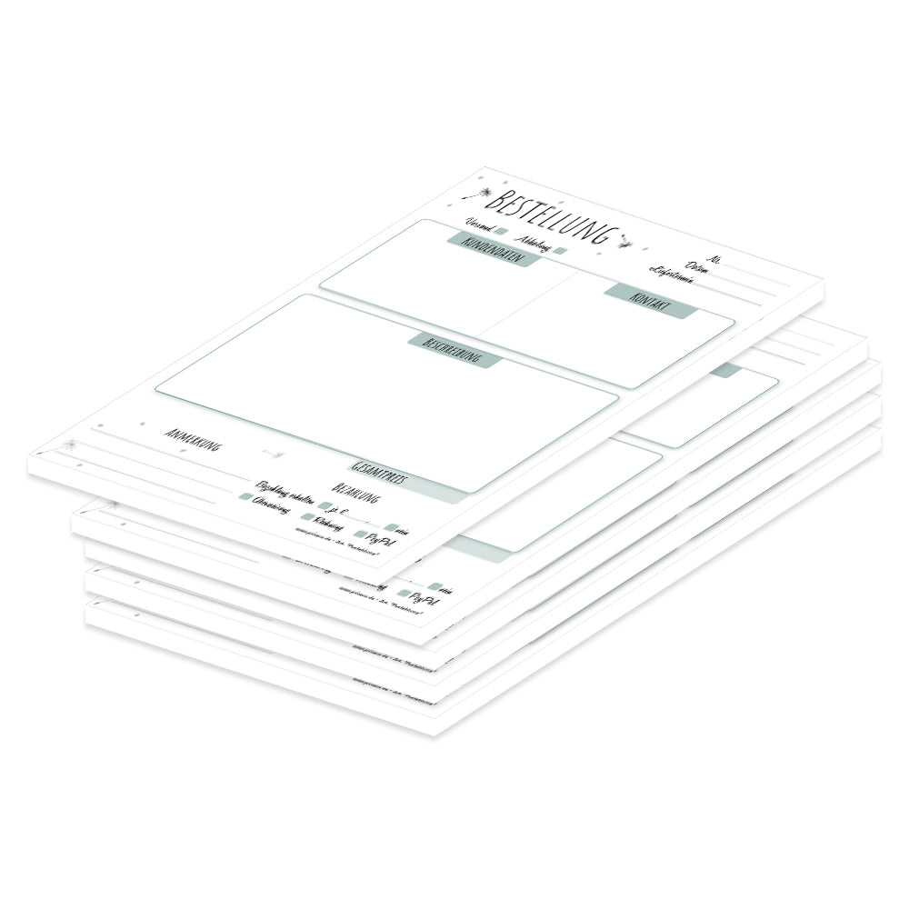 Bestellannahmeblock pusteblume, a5, grün-weiße optik mit kleinen pusteblumen, platz für wichtige bestellinformationen wie kundendaten, artikeldaten, preis, uvm., 5er set