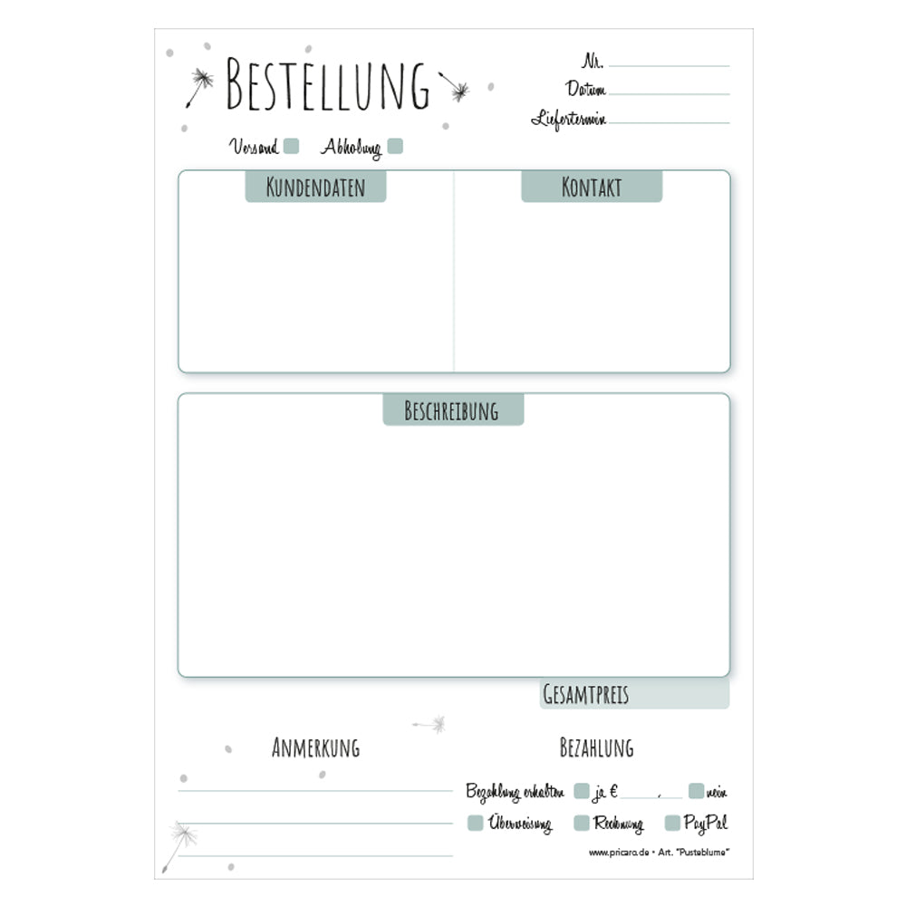 Bestellannahmeblock pusteblume, a5, grün-weiße optik mit kleinen pusteblumen, platz für wichtige bestellinformationen wie kundendaten, artikeldaten, preis, uvm., frontansicht