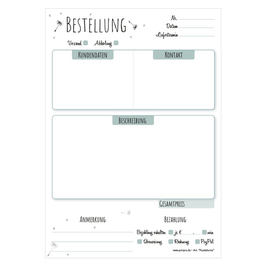 Bestellannahmeblock pusteblume, a5, grün-weiße optik mit kleinen pusteblumen, platz für wichtige bestellinformationen wie kundendaten, artikeldaten, preis, uvm., frontansicht