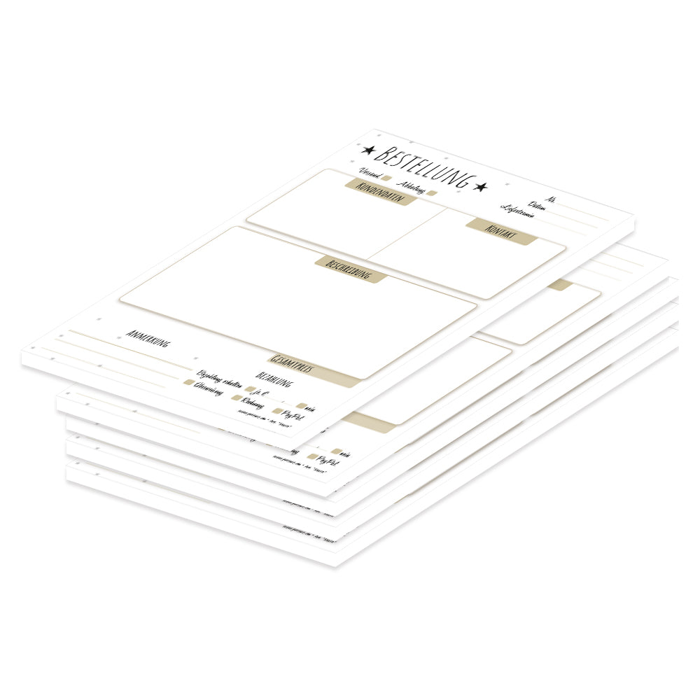 Bestellannahmeblock stern, a5, weiß-beige optik mit schwarzen sternen, mit zeilen für alle wichtigen informationen wie z.B. kundenanschrift, beschreibung der bestellung, uvm., 5er set