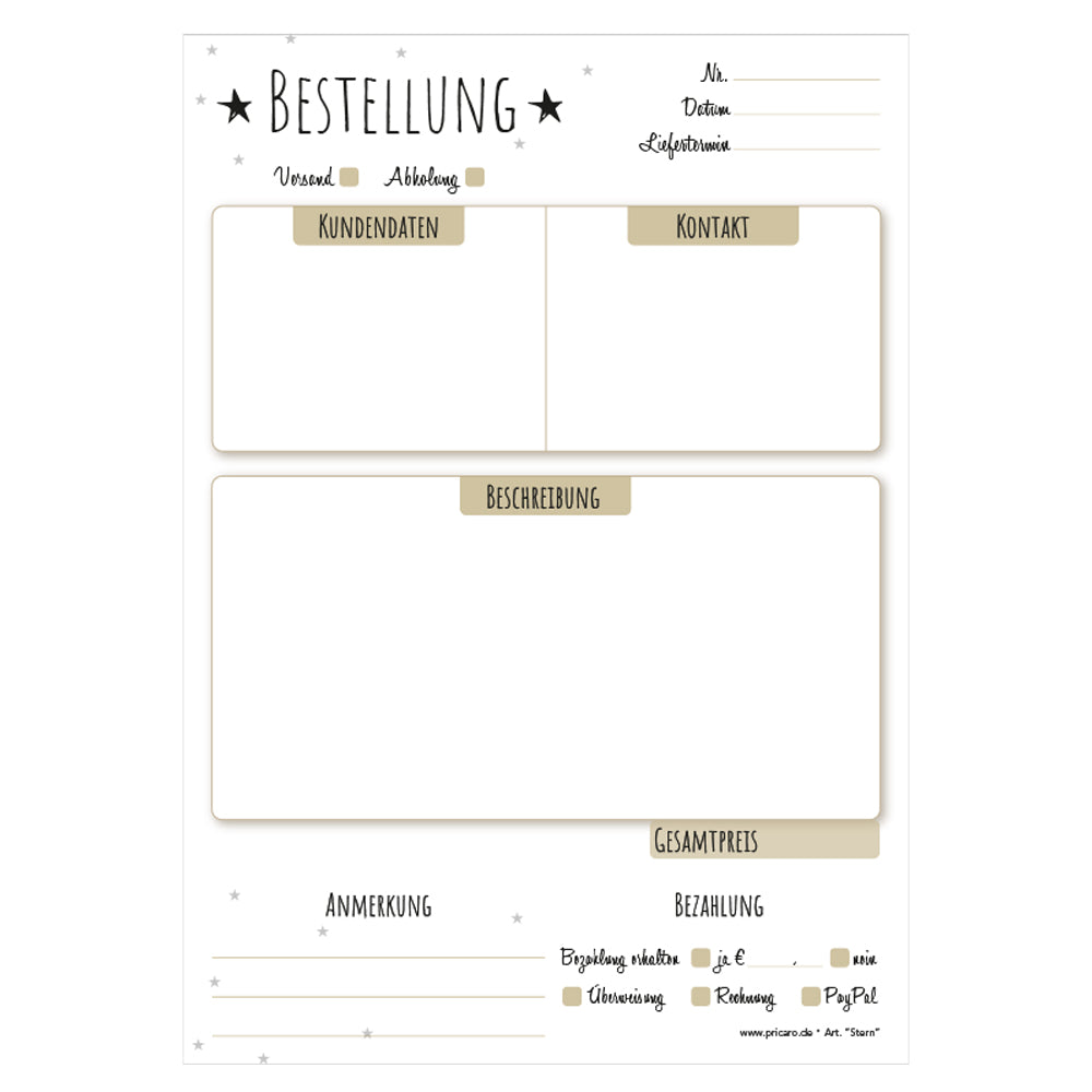 Bestellannahmeblock stern, a5, weiß-beige optik mit schwarzen sternen, mit zeilen für alle wichtigen informationen wie z.B. kundenanschrift, beschreibung der bestellung, uvm., frontansicht