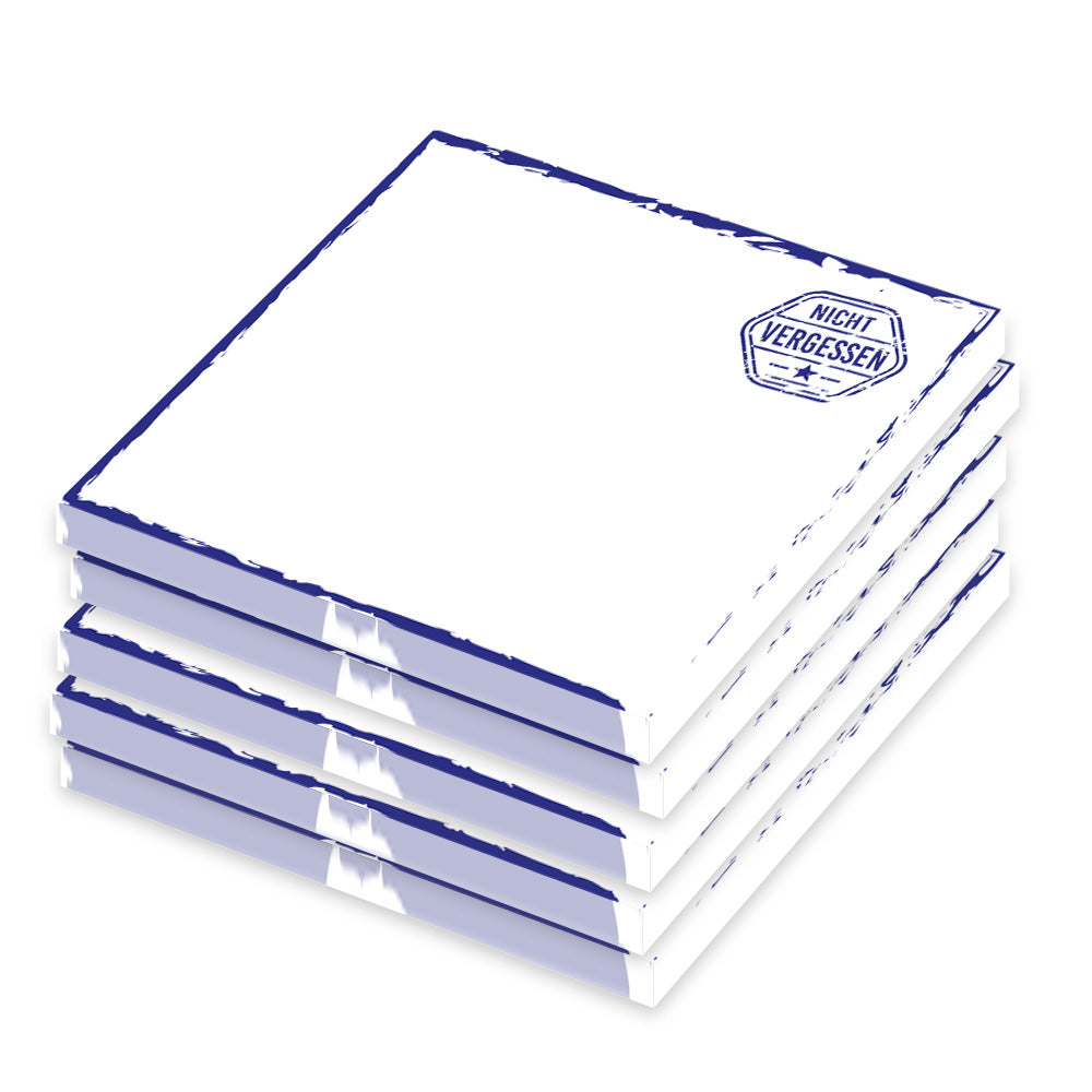 haftnoitzen"stempel blau", 70x70, weiß-blau mit blauem rahmen und aufdruck in form eines stempels mit aufschrift nicht vergessen, 5er set