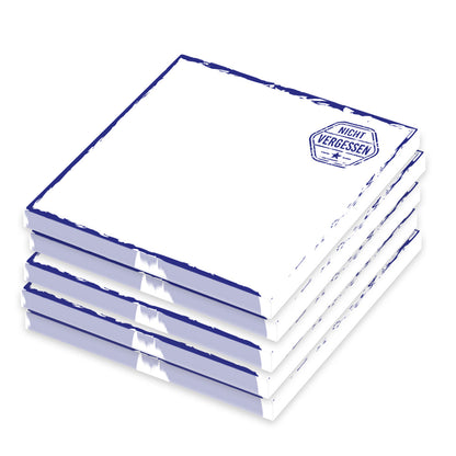 haftnoitzen"stempel blau", 70x70, weiß-blau mit blauem rahmen und aufdruck in form eines stempels mit aufschrift nicht vergessen, 5er set