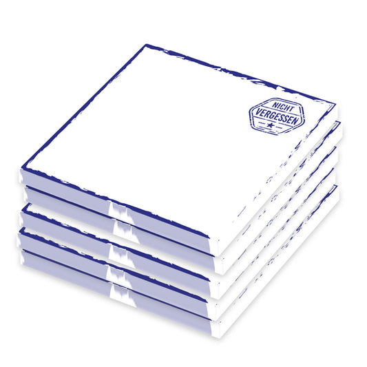 haftnoitzen"stempel blau", 70x70, weiß-blau mit blauem rahmen und aufdruck in form eines stempels mit aufschrift nicht vergessen, 5er set