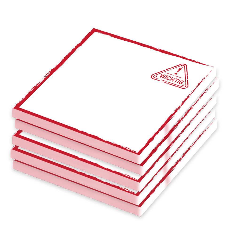 haftnotizen "stempel rot", 70x70, weiß-rot mit rotem rahmen und aufdruck in form eines stempels mit aufschrift wichtig, 5er set