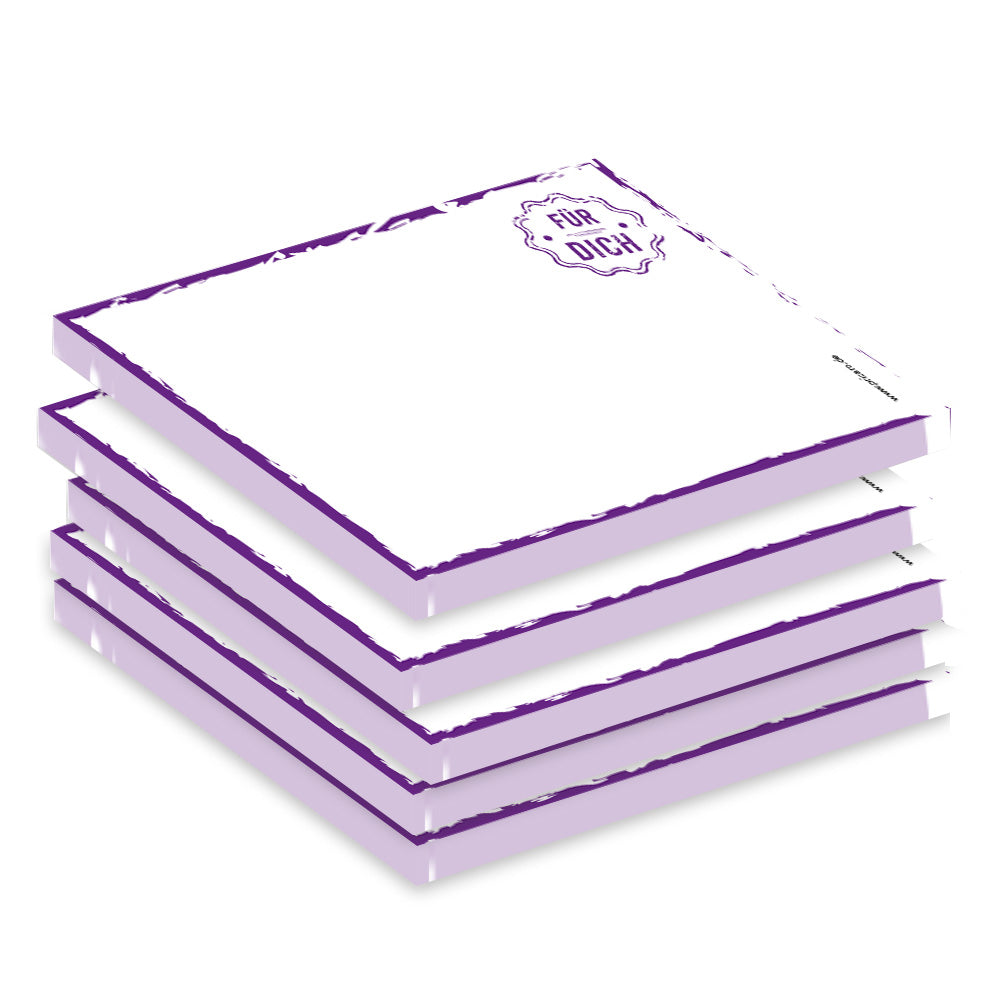 haftnotizen "stempel lila", 70 x 70, weiß-lilafarben mit lila rahmen und aufdruck in form eines stempels mit aufschrift für dich, 5er set