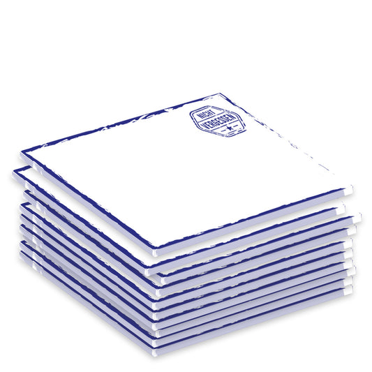 notizblock "stempel blau", a7, weiß-blau mit blauem rahmen und aufdruck in form eines stempels mit aufschrift nicht vergessen, 10er set