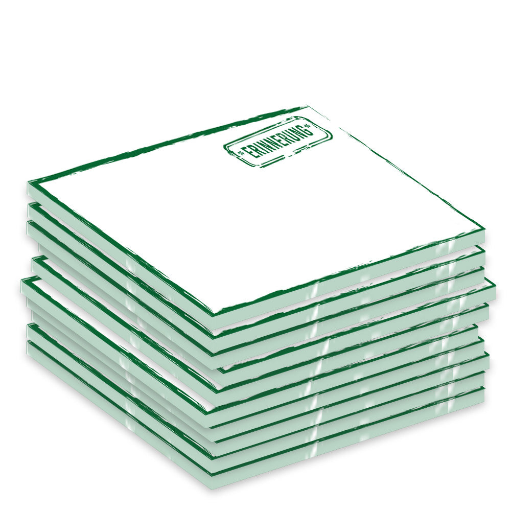 notizblock "stempel grün", a7, weiß-grü mit grünem rahmen und aufdruck in form eines stempels mit aufschrift erinnerung, 10er set