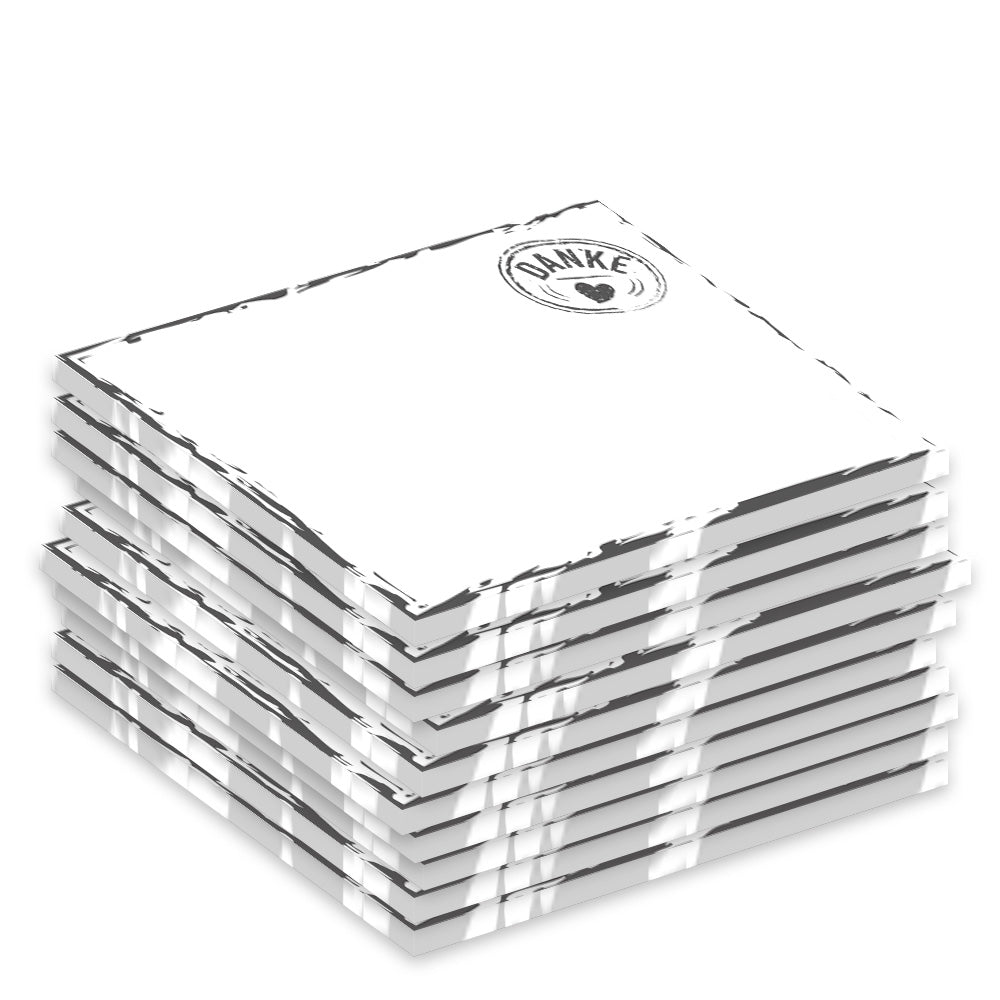 notizblock "stempel grau", a7, weiß-grau mit grauem rahmen und aufdruck in form eines stempels mit aufschrift danke, 10er set
