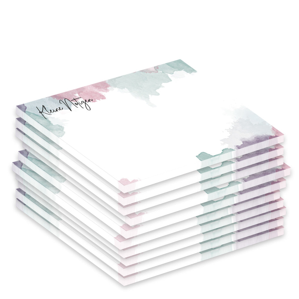 notizblock "aquarell", a7, weiß-bunt im aquerellstil mit aufschrift kleine noitzen, 10er set