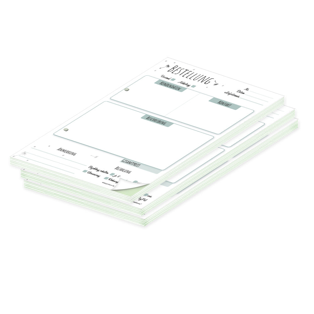 auftragsblock pusteblume, a5, gelocht schwarz-weiße optik mit grünem durchschlag,  schwarz,weiß-grüne optik mit kleinen pusteblumen, platz für alle wichtigen details (kundendaten, bestelldetails), 3er set