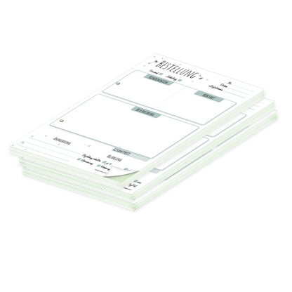 auftragsblock pusteblume, a5, gelocht schwarz-weiße optik mit grünem durchschlag,  schwarz,weiß-grüne optik mit kleinen pusteblumen, platz für alle wichtigen details (kundendaten, bestelldetails), 3er set