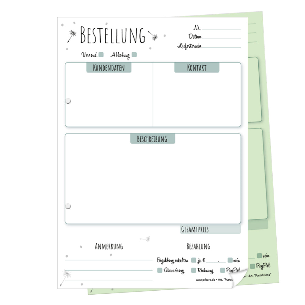 auftragsblock pusteblume, a5, gelocht schwarz-weiße optik mit grünem durchschlag,  schwarz,weiß-grüne optik mit kleinen pusteblumen, platz für alle wichtigen details (kundendaten, bestelldetails), frontansicht