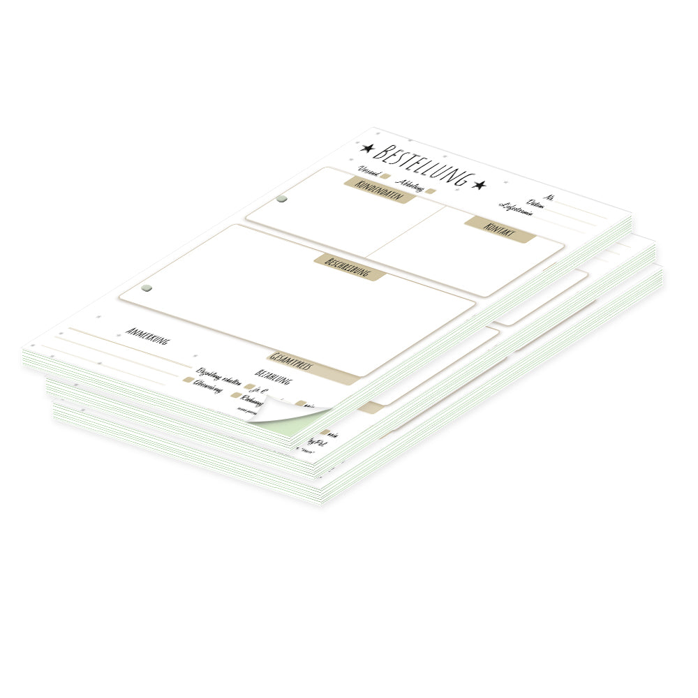 auftragsblock stern, a5, gelocht schwarz-weiß-beige optik mit grünem durchschlag,   mit kleinen sternen, platz für alle wichtigen details (kundendaten, bestelldetails), 3er set