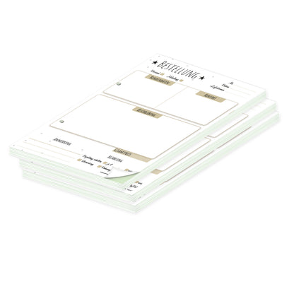 auftragsblock stern, a5, gelocht schwarz-weiß-beige optik mit grünem durchschlag,   mit kleinen sternen, platz für alle wichtigen details (kundendaten, bestelldetails), 3er set