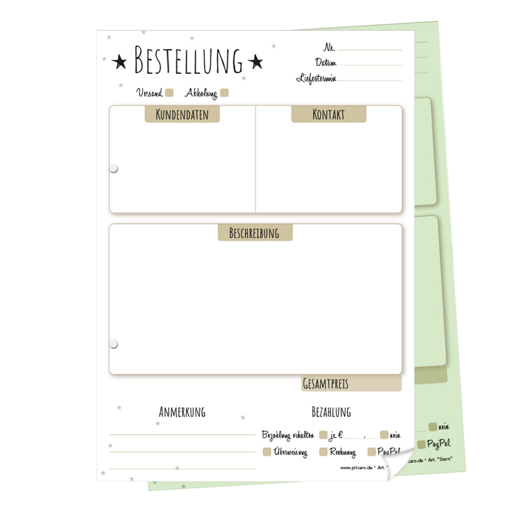 auftragsblock stern, a5, gelocht schwarz-weiß-beige optik mit grünem durchschlag,   mit kleinen sternen, platz für alle wichtigen details (kundendaten, bestelldetails), frontansicht