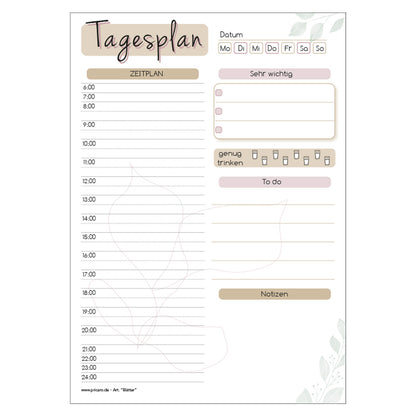 tagesplaner blätter, weiß-beige optik, zeiteinteilung von 6 bis 24 Uhr, frontansicht