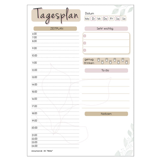 tagesplaner blätter, weiß-beige optik, zeiteinteilung von 6 bis 24 Uhr, frontansicht