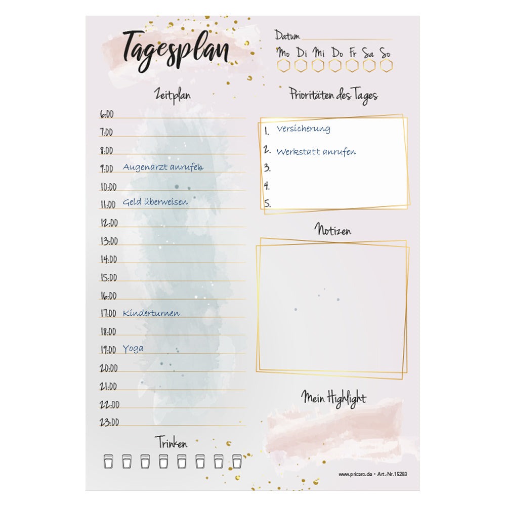 tagesplaner golden dots, rosa optik, ausfüllbeispiel